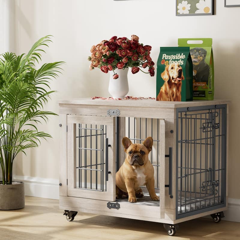 Dog Crate Indoor Heavy Duty Double Doors Wooden Dog Cage with Cushion