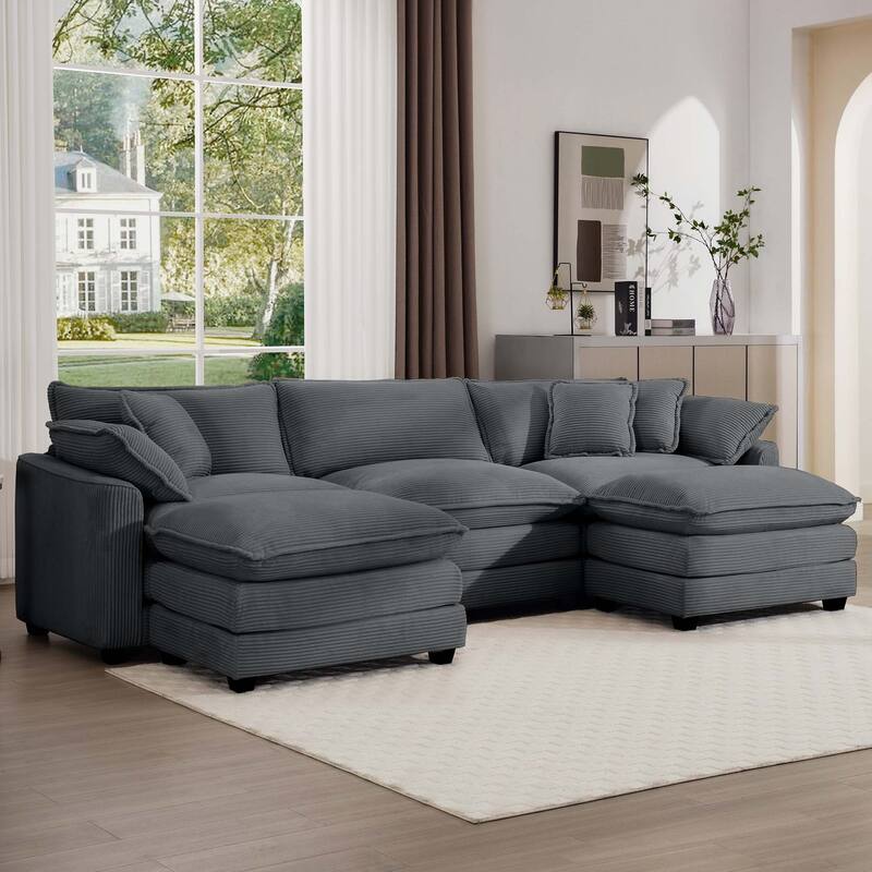 Grey 115" Corduroy Modular U-Shaped Sectional Sofa with 2 Ottomans