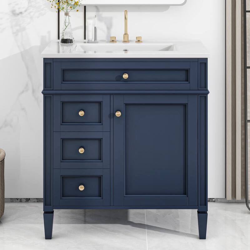 Modern 30" Bathroom Vanity with Ceramic Sink, 2 Drawers & Tip-Out Drawer for Bathroom Storage