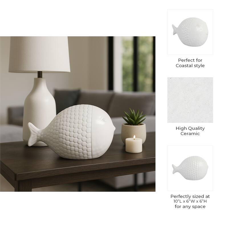 Ceramic Figurine Scaled Fish Sculpture Textured Accent - 6" White - 10" x 6" x 6"