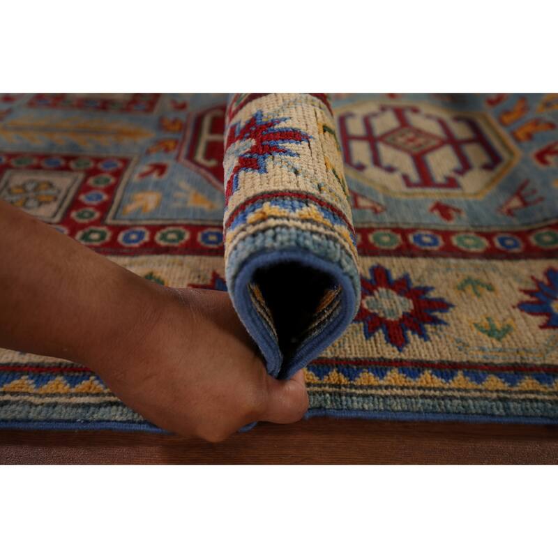 Light Blue Geometric Kazak Runner Rug Hand-Knotted Wool Carpet - 2'7" x 20'8"