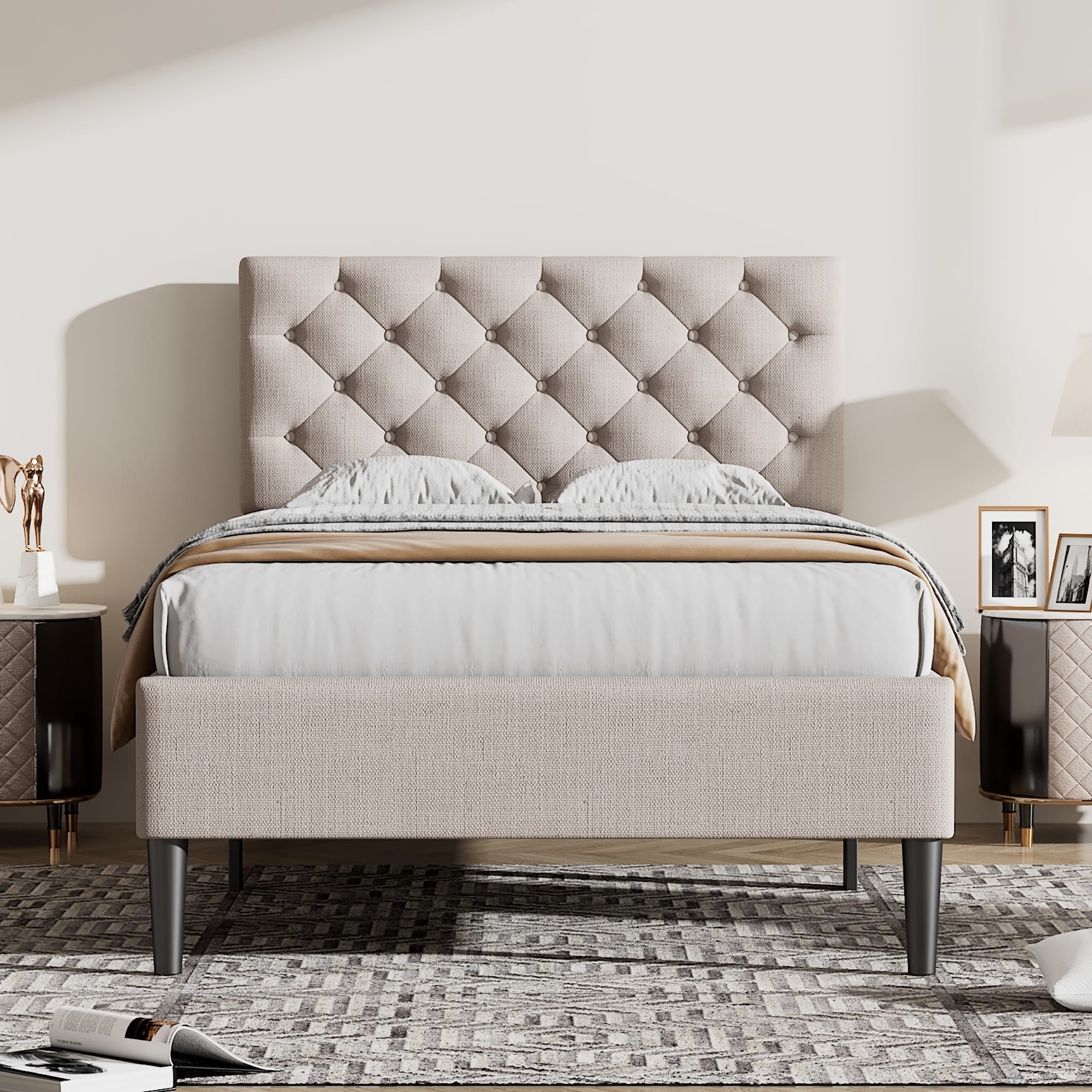 Stylish Upholstered Leather Bed With Foam-Filled Soft Headboard