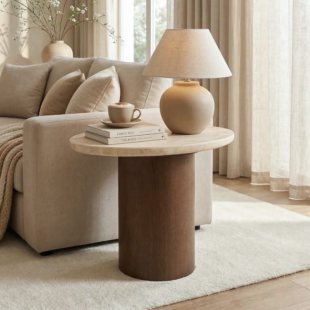 Furniture of America Elrik Modern Brown Oak Wood Pedestal Base End Table with Yellow Rounded Edge Travertine Top