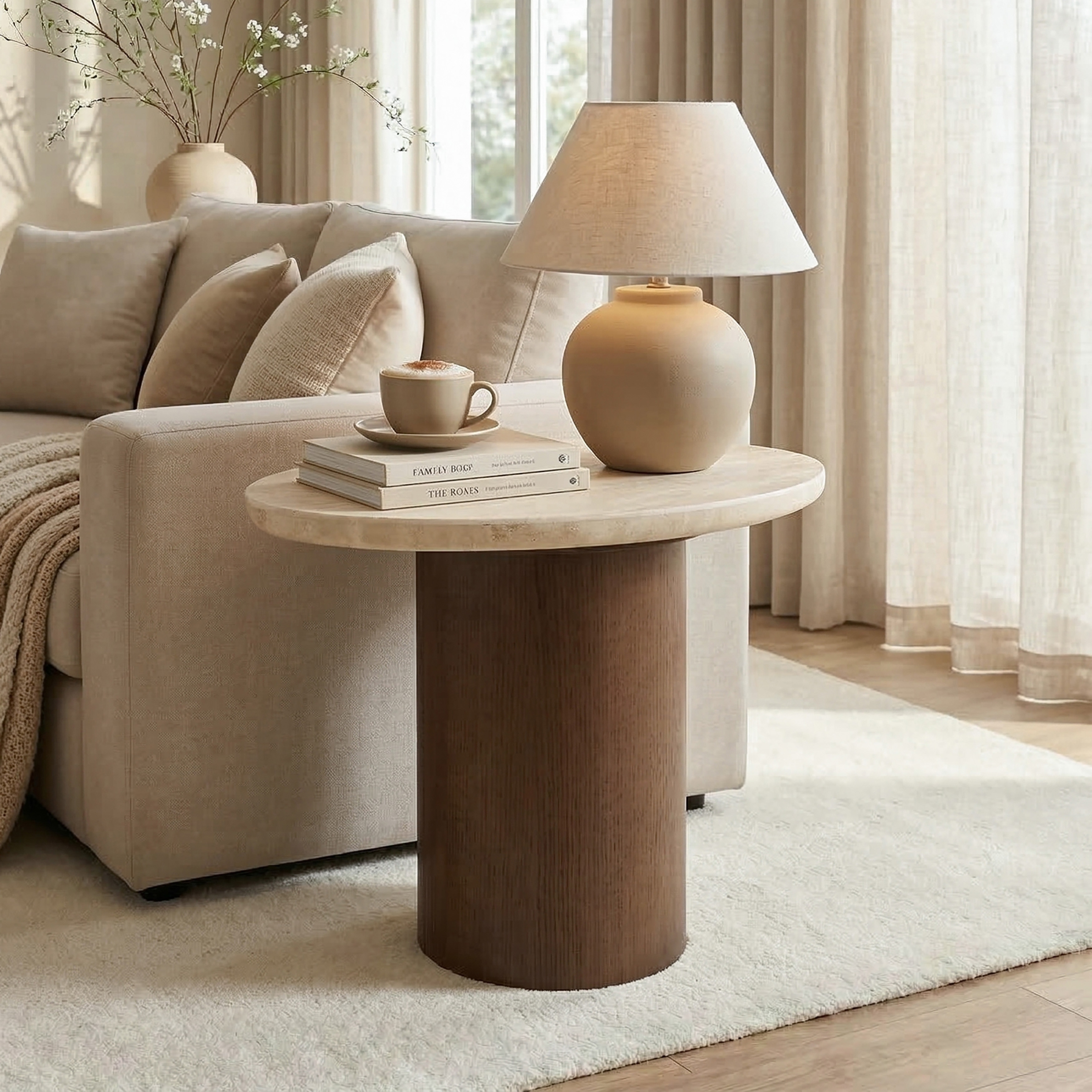 Furniture of America Elrik Modern Brown Oak Wood Pedestal Base End Table with Yellow Rounded Edge Travertine Top
