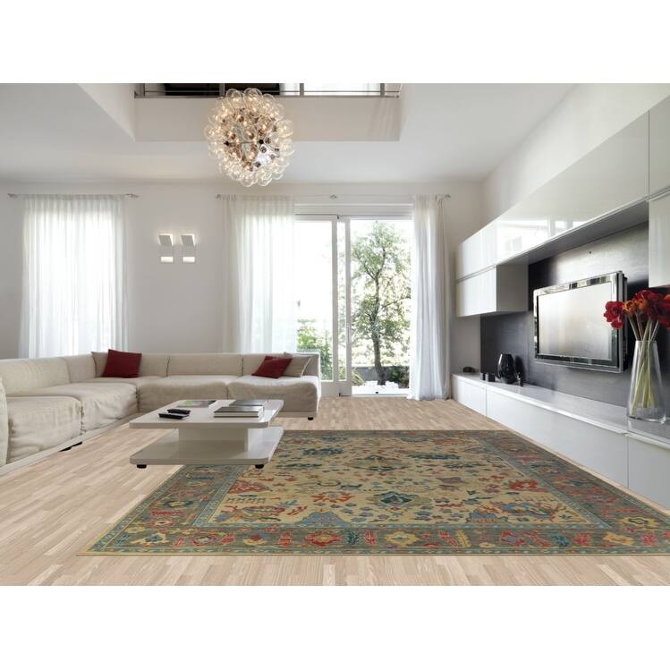 Hand Knotted Oriental 100% Wool Carpet Transitional All-Over Beige & Ivories Oushak Area Rug - 14' 11'' X 12' 0''