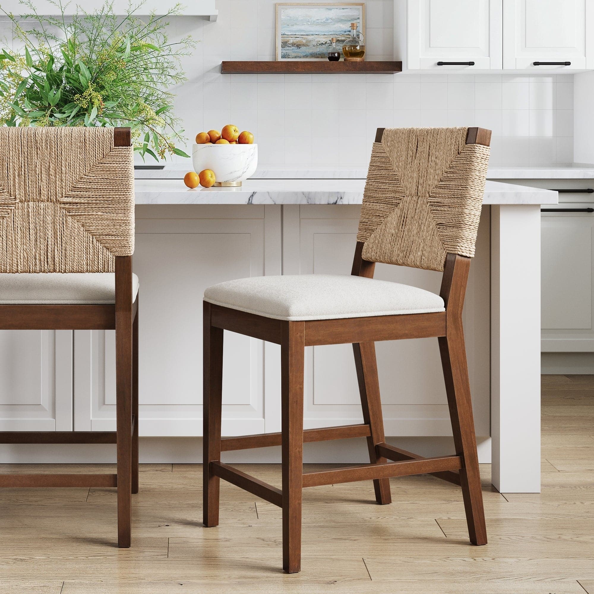 Beacon Bohemian Boucle Bar Stool Upholstered Counter Height Chair with Solid Wood Frame and Woven Seagrass Back On Sale Bed Bath Beyond 39807649