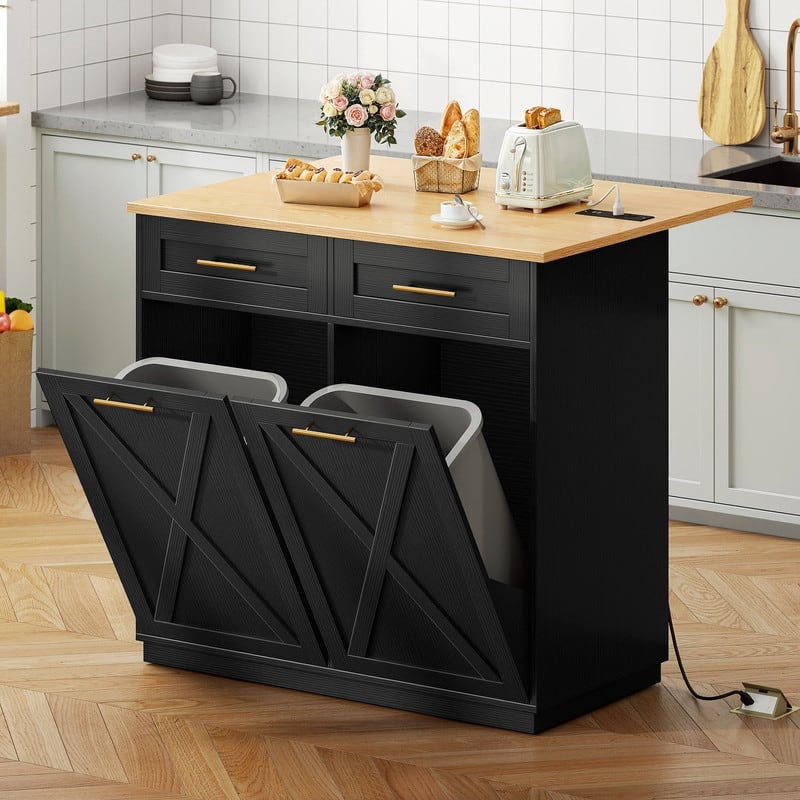 Moasis 39" Kitchen Island Kitchen Storage with Power Socket and Tilt Out Trash Bin Storage Cabinet