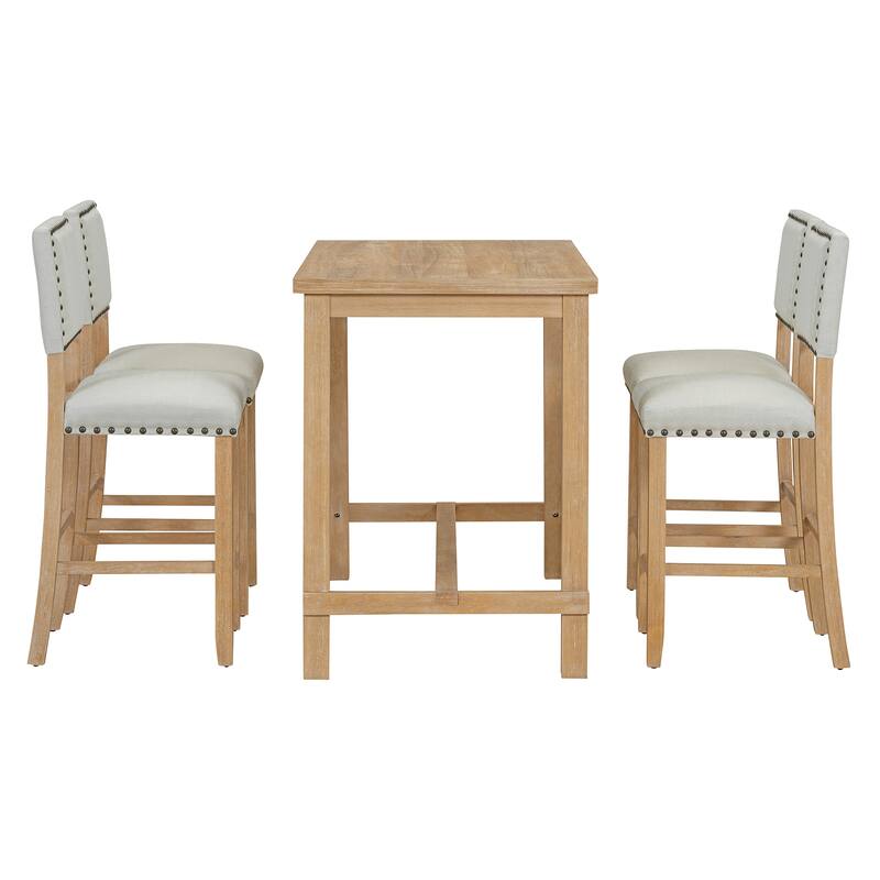 5-Piece Counter Height Dining Set, Classic Elegant Table and 4 Chairs in Natural Wood Wash