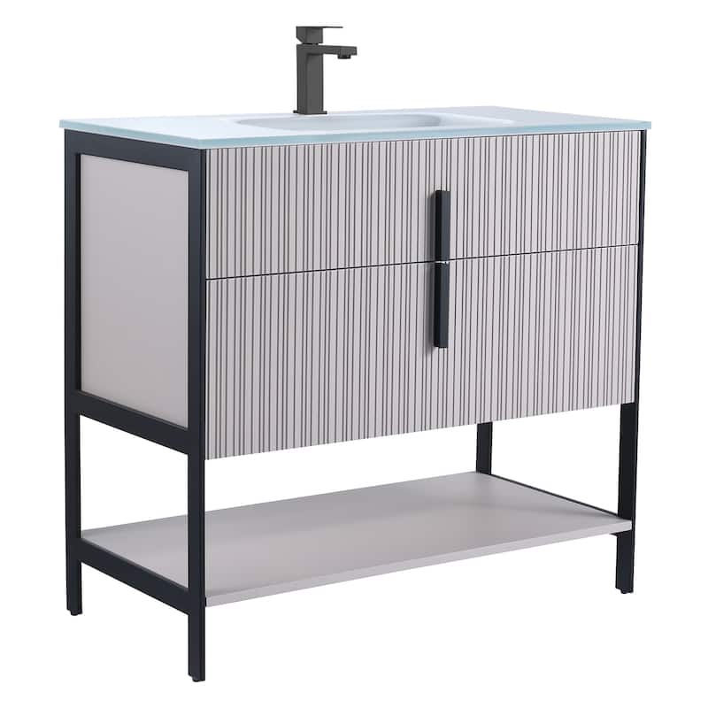 Fine Fixtures Serenity Modern Bathroom Vanity with White Glass Top - Bright Taupe - Black Hardware - 36 inch