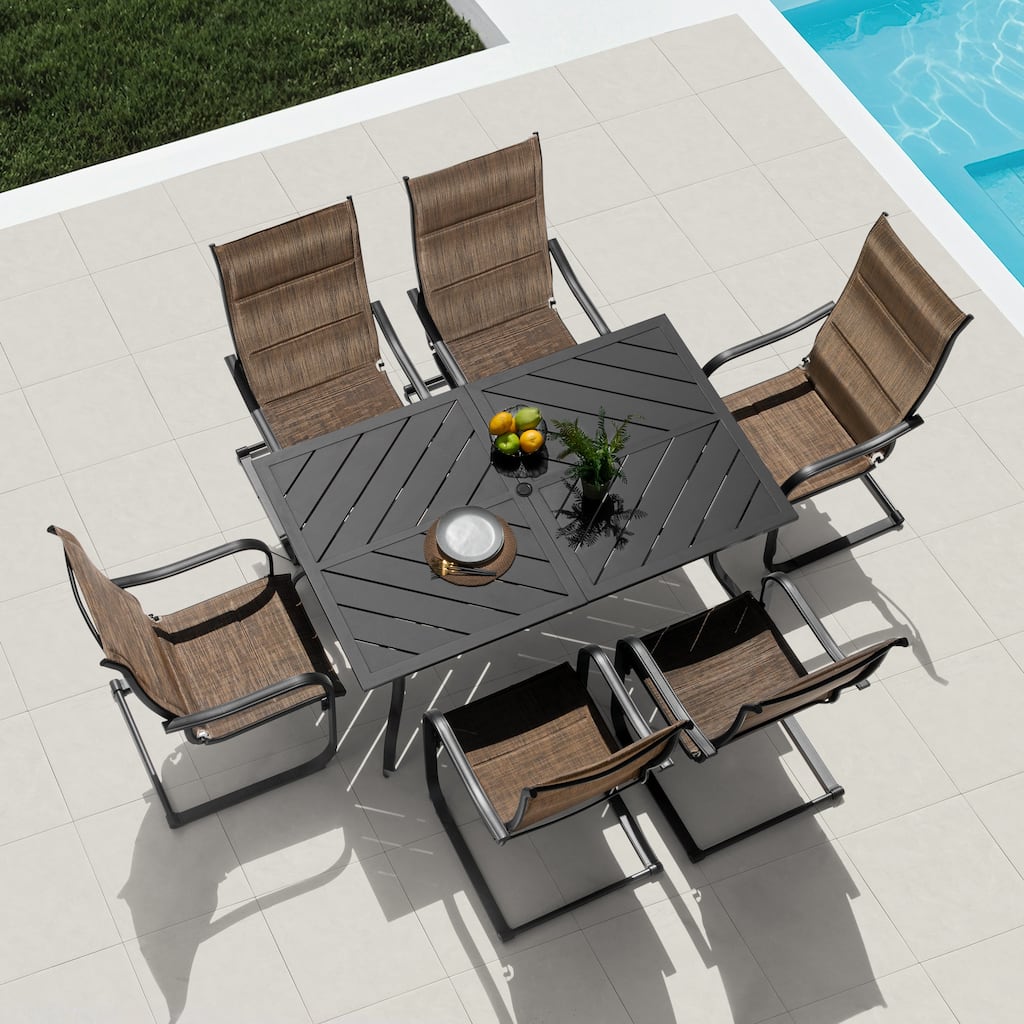 Nuu Garden Patio 7-Piece Textilene and Iron Dining Set with Umbrella Hole