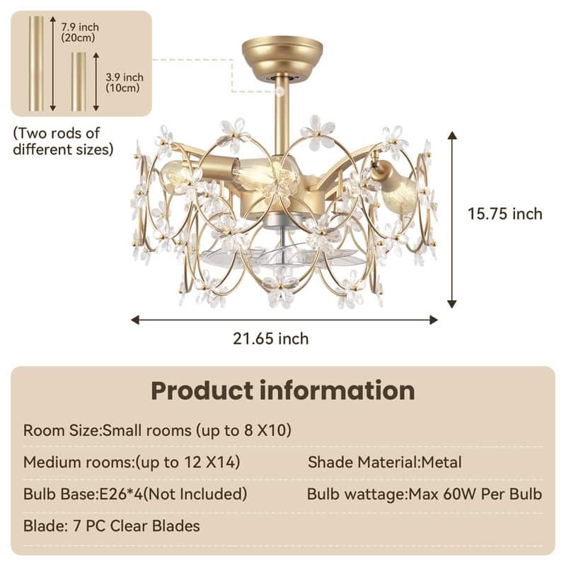 21 in. Indoor Golden Flower Crystal Ceiling Fan with Light, Ceiling Fans with Light and Remote, Flower Fandelier for Bedroom