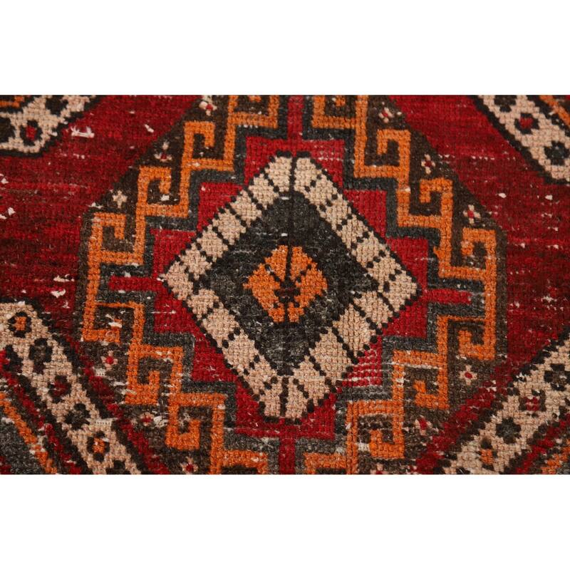 Red Geometric Distressed Bakhtiari Persian Vintage Wool Carpet - 5'0"x 10'1"