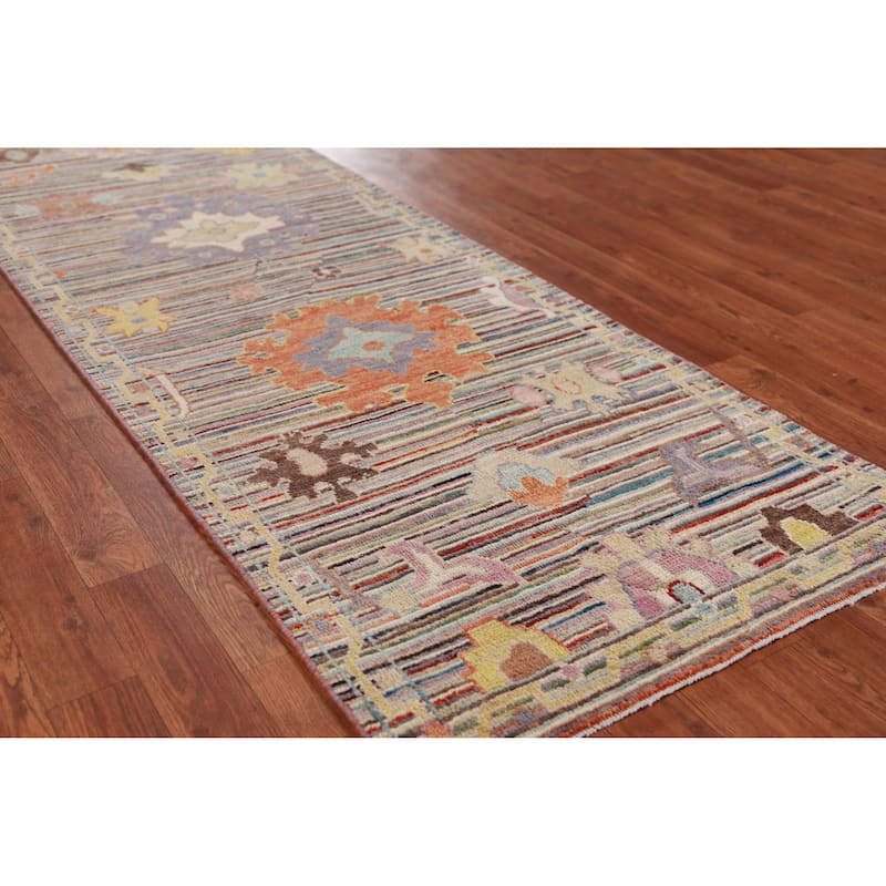 Hand Knotted Oriental 100% Wool Carpet Transitional Floral Multi-Colored Oushak Runner Rug - 9' 9'' X 2' 7''