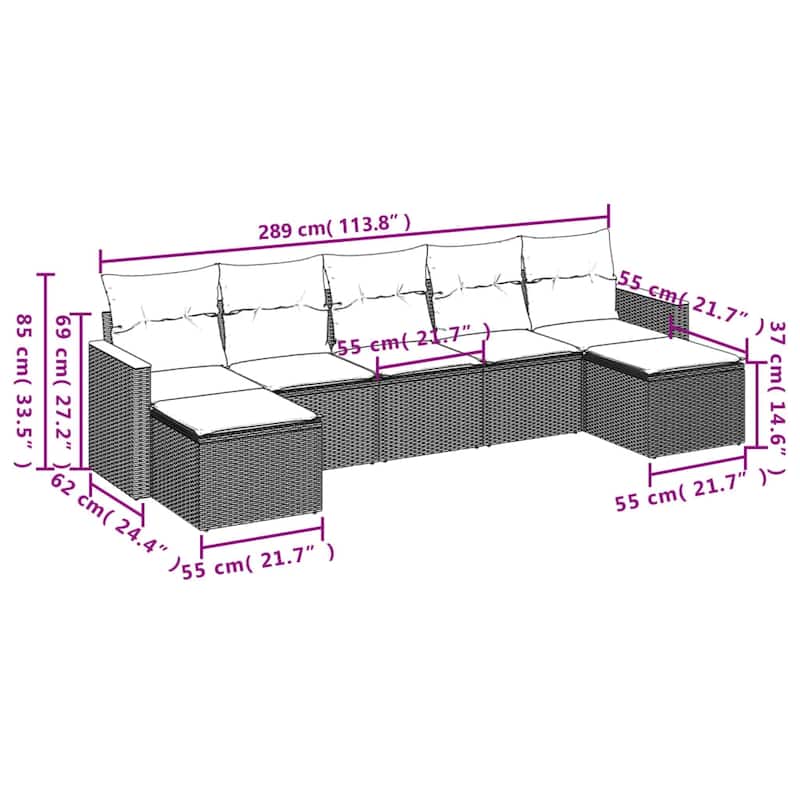 vidaXL Patio Sofa Set with Cushions Outdoor Conversation Furniture Poly Rattan - 21.7 x 21.7 x 14.6 in