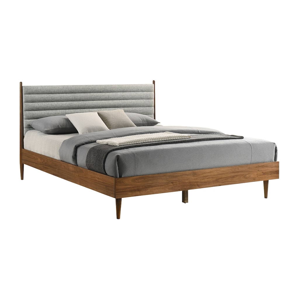 King Platform Bed Frame Wood - Vintage Style Bed with Headboard - Walnut Finish Bedroom Furniture