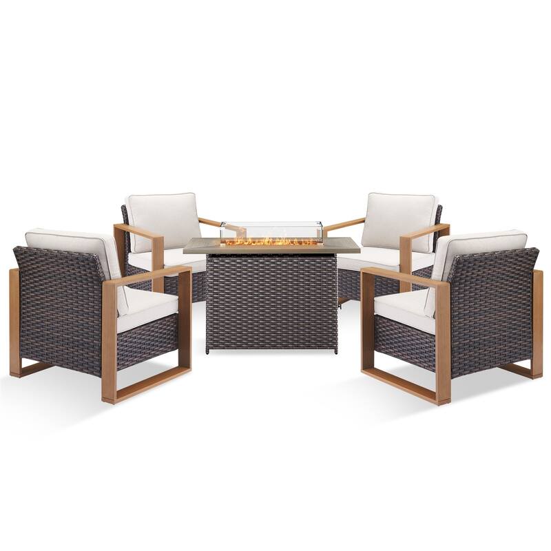 Pocassy 5 Pieces Outdoor Wicker Chair with Fire Table Set