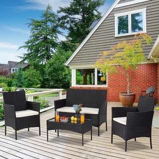 4 Pieces Patio Outdoor Rattan Conversation Set with Cushion and Table ...