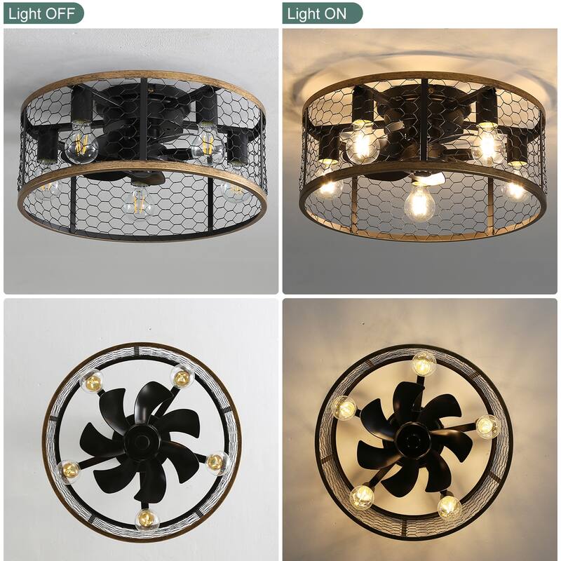 20 Inch Farmhouse Ceiling Fan Light Flush Mount Caged Lights Kit With Remote Control