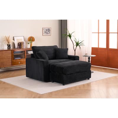 Single Sofa Chair with Removable Ottoman, Comfy Sleeper Chair in Black Corduroy
