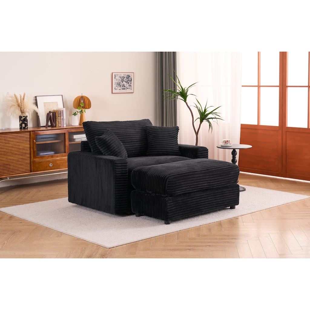 Single Sofa Chair with Removable Ottoman, Comfy Sleeper Chair in Black Corduroy