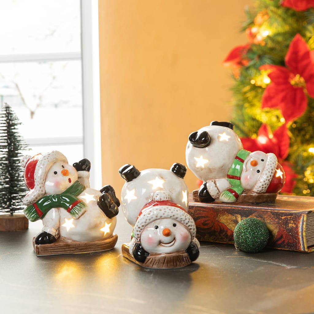 Glitzhome Set of 3 Lighted Ceramic Snowman Figurine Table Decor