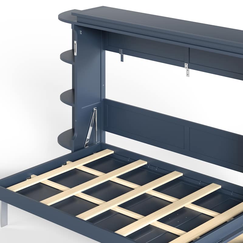 Murphy Platform Bed with Side Cabinets & Drawers, Wall Bed with Shelf for Home Office, Queen or Full