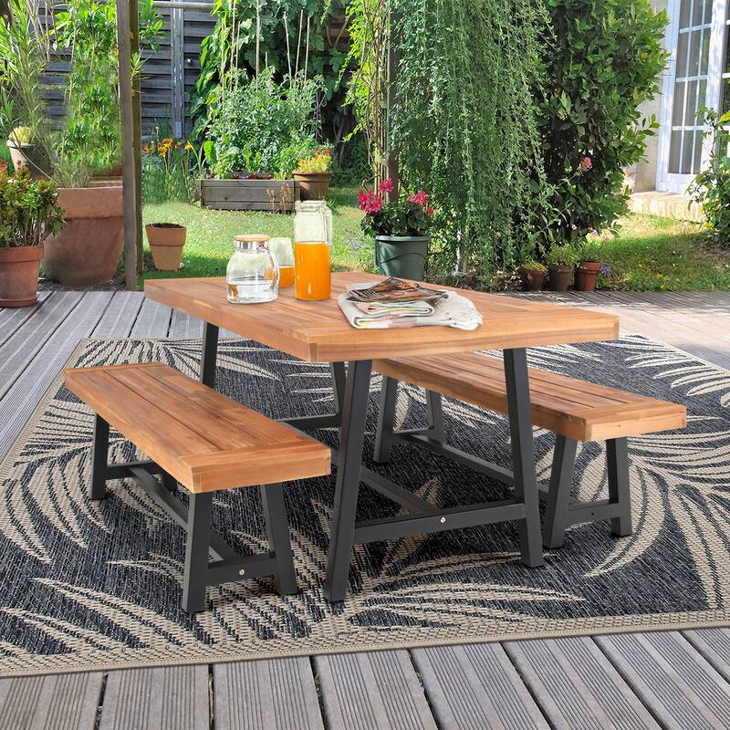 MAISON ARTS Sophia & William 3-Piece Patio Wooden Dining Set, 1 Wooden Table and 2 Wooden Benches