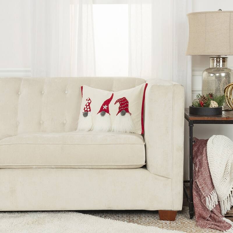 HomeRoots 14" X 20" Red And Ivory Cotton Christmas Gnomes Throw Pillow With Embroidery