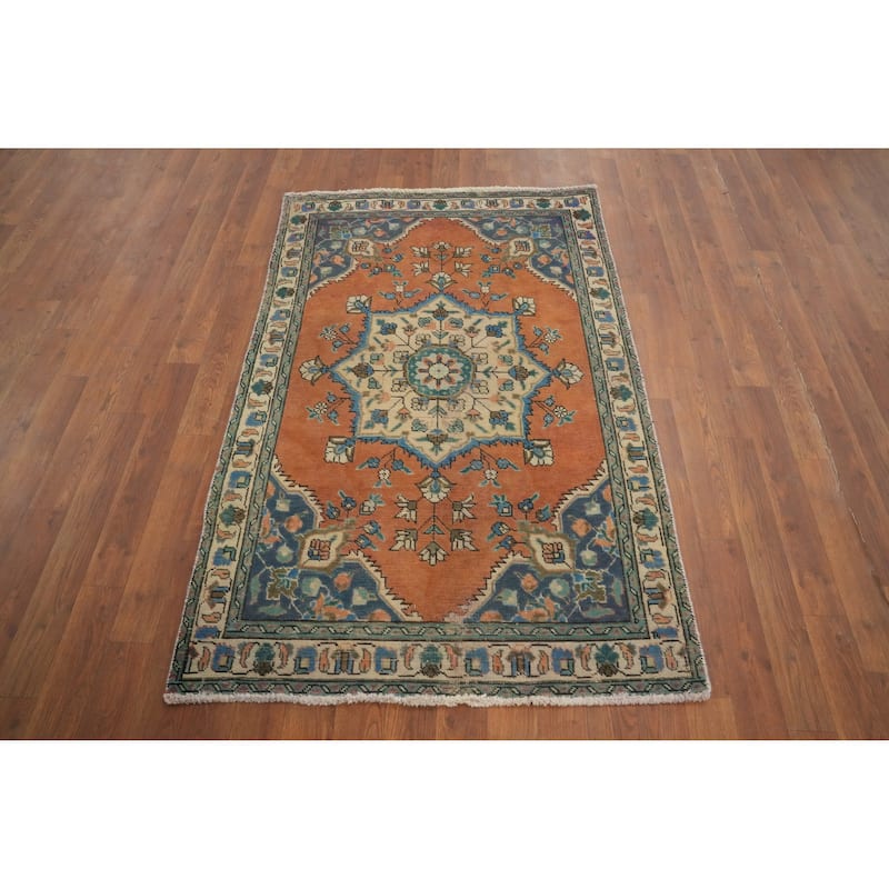 Hand Knotted Oriental 100% Wool Carpet Traditional Floral Oranges & Rust Tabriz Area Rug - 4' 9'' X 3' 0''