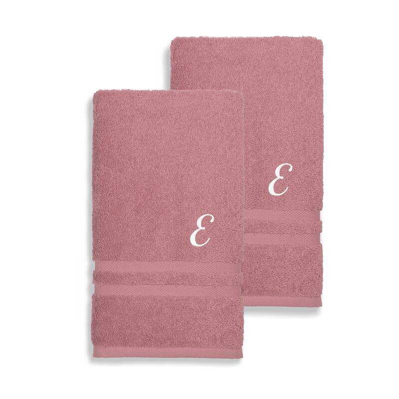 Authentic Hotel and Spa Omni Turkish Cotton Terry Set of 2 Tea Rose Hand Towels with White Script Monogrammed Initial - Pink/E