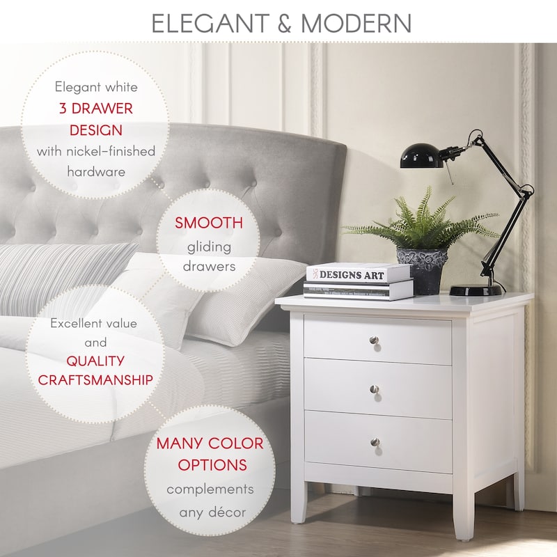 White Nightstand 26x24x18 with Three Spacious Drawers, Compact Bedside Table for Bedroom Storage and Bright Stylish Accent