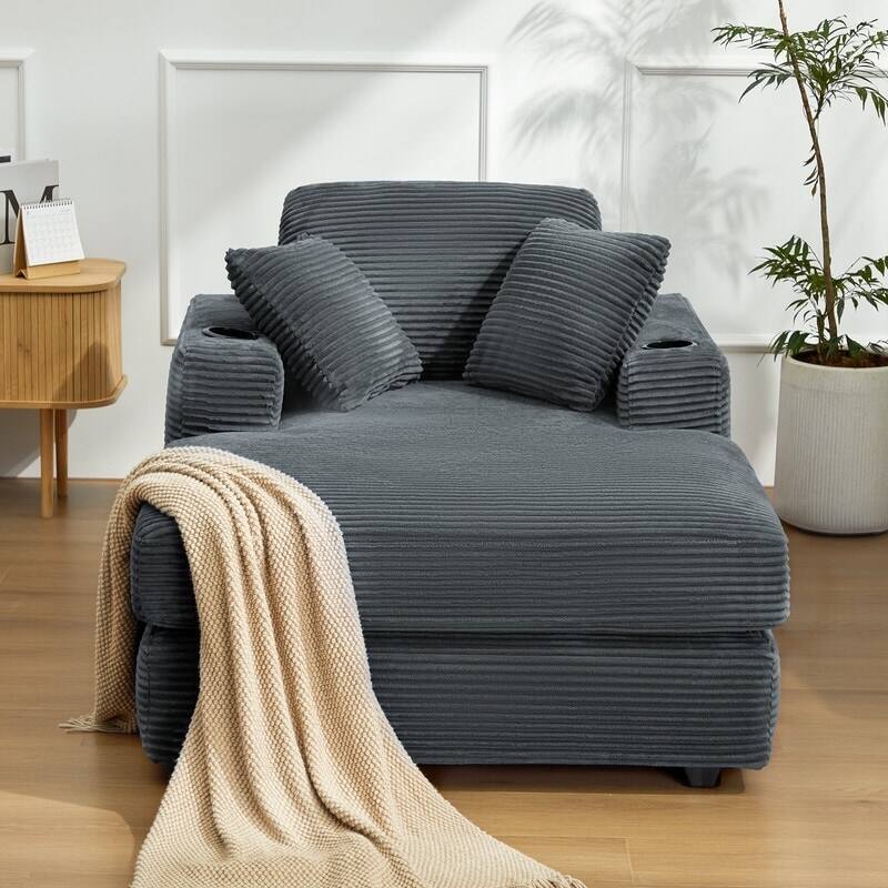 Oversized Corduroy Chaise Lounge Chair with Throw Pillows and Built-In Cup Holders