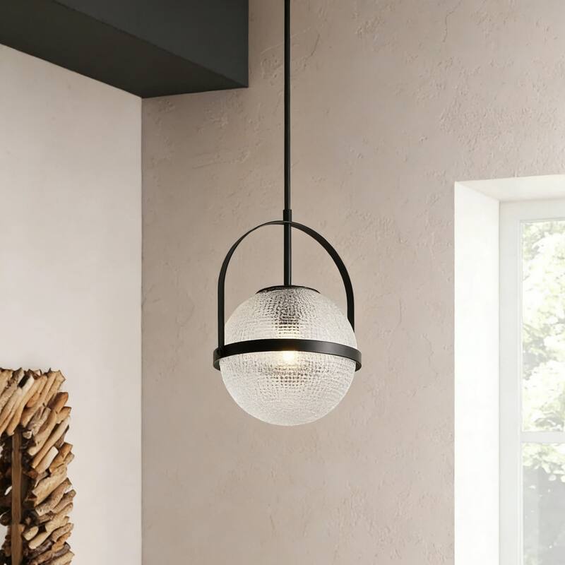 1-Light Modern Industrial Black Metal/Gold Pendant Light with Textured Glass Globe Shade for Kitchen Island Dining Room - Black