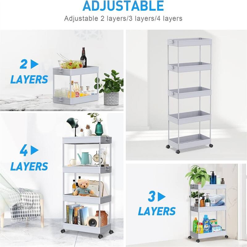 5 Tier Storage Cart Organizer Rolling Utility Cart - 8.66"D x 15.75"W x 44.33"H