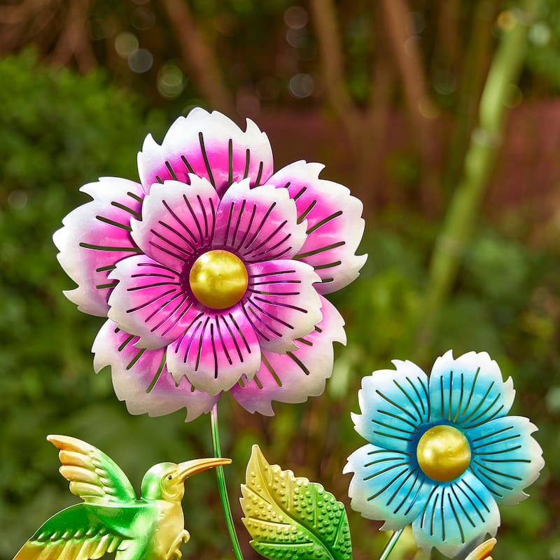 Glitzhome 34"H Garden Flower and Hummingbird Yard Stake Spring Gifts