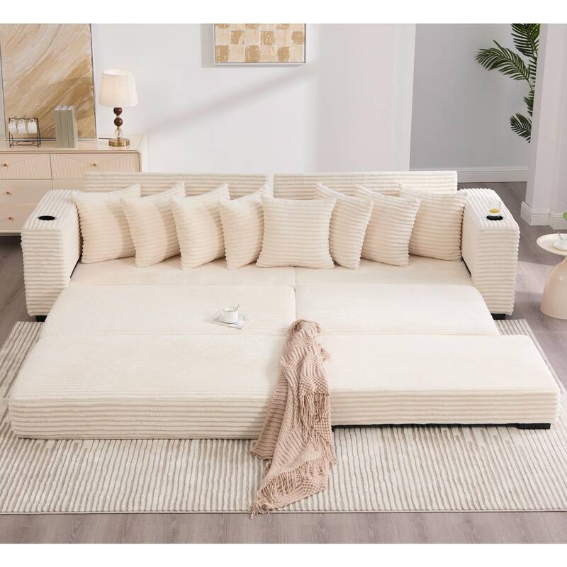 110.75" Corduroy Sectional Sofa, Convertible Sleeper Sofa Bed L-Shaped Upholstered Couch with Removable Footstool, Cup Holder