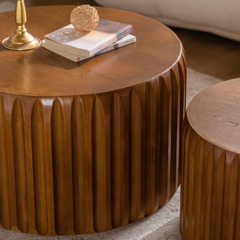 Set of 2 Fluted Round Coffee Table - Solid Wood & MDF Nesting Center Table (26.77"/19.69")