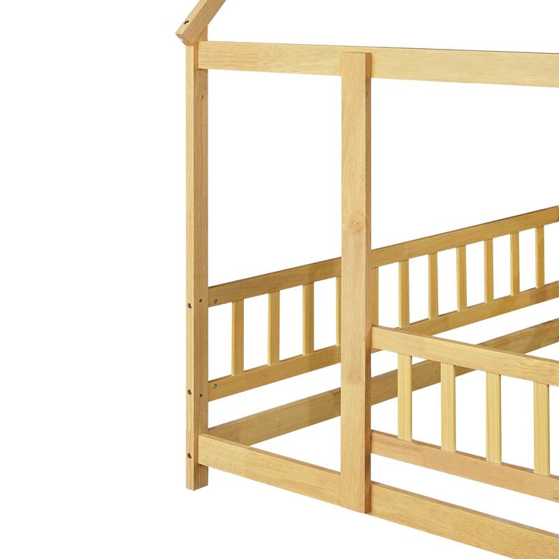 Full Size House Floor Wooden Bed with Roof Frame, Safety Guardrails,Natural