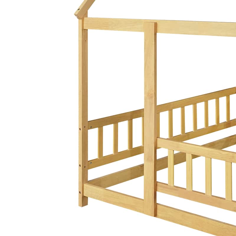 Full Size Wooden House Floor Bed with Roof Frame and Safety Guardrails, Natural Finish
