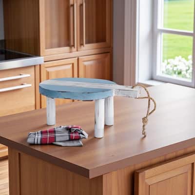 HomeRoots 10" Blue And White Solid Wood Handmade Round Riser - 14.50 in. x 6.50 in. x 9.50 in.