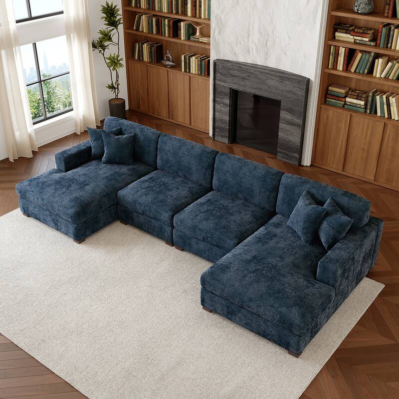 Oversized Chenille Modular Sectional Sofa With Deep Seat - Blue/2 chaise+2 Armless chair