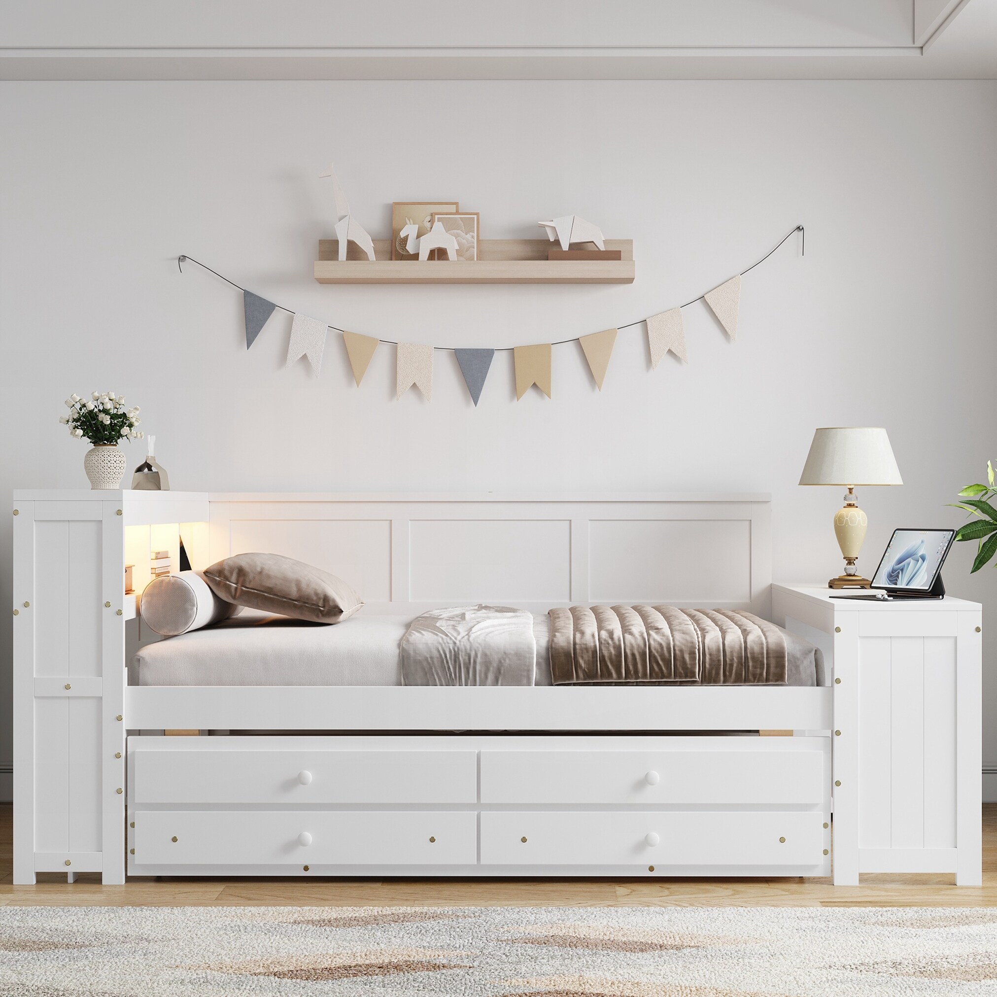 Full Size Daybed with Storage Shelves,Drawers,Trundle,Charging Station,LED Light