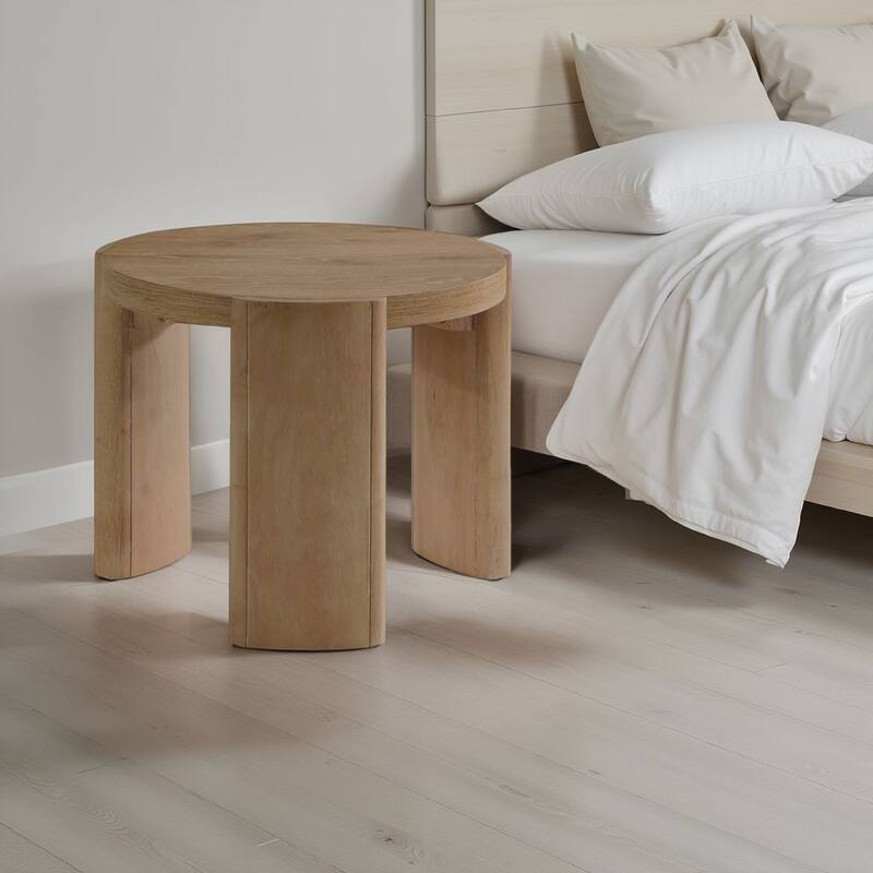 Timore End Table, Round 20 Inch Oak Brown Wood Top, Plinth Base