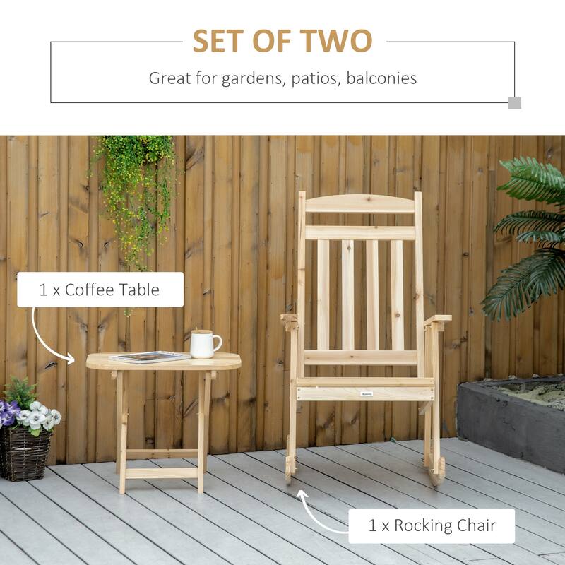 2 Pieces Wood Patio Bistro Set, Outdoor Rocking Chair Set with Armrests and High Back Rocking Chair and Portable Side Table