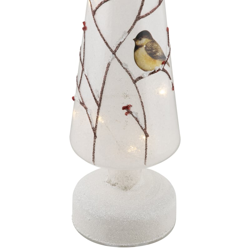 LED Lighted Birds on Branches Frosted Glass Cone Christmas TreeDecoration - 16"