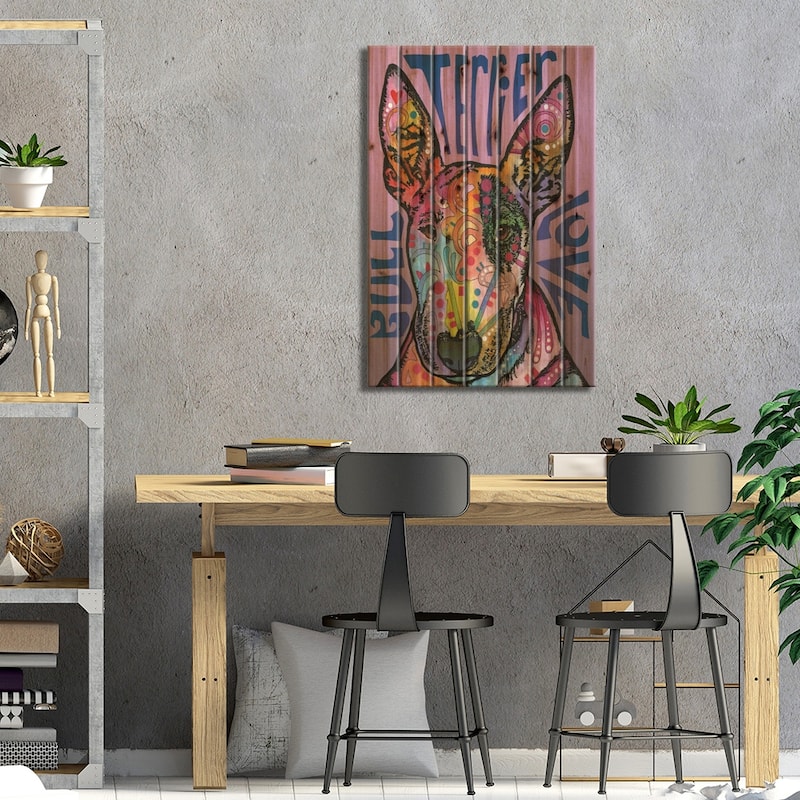 Bull Terrier Love Print On Wood by Dean Russo - Multi-Color