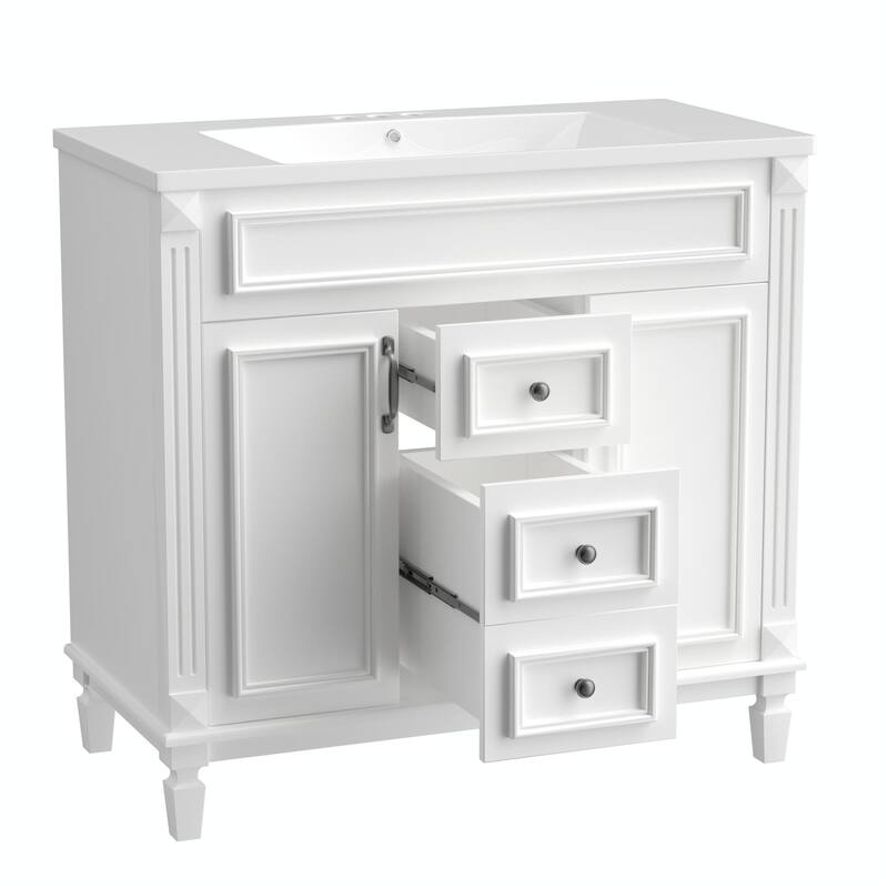 36'' Modern White Bathroom Vanity with Top Sink, Mirror Cabinet