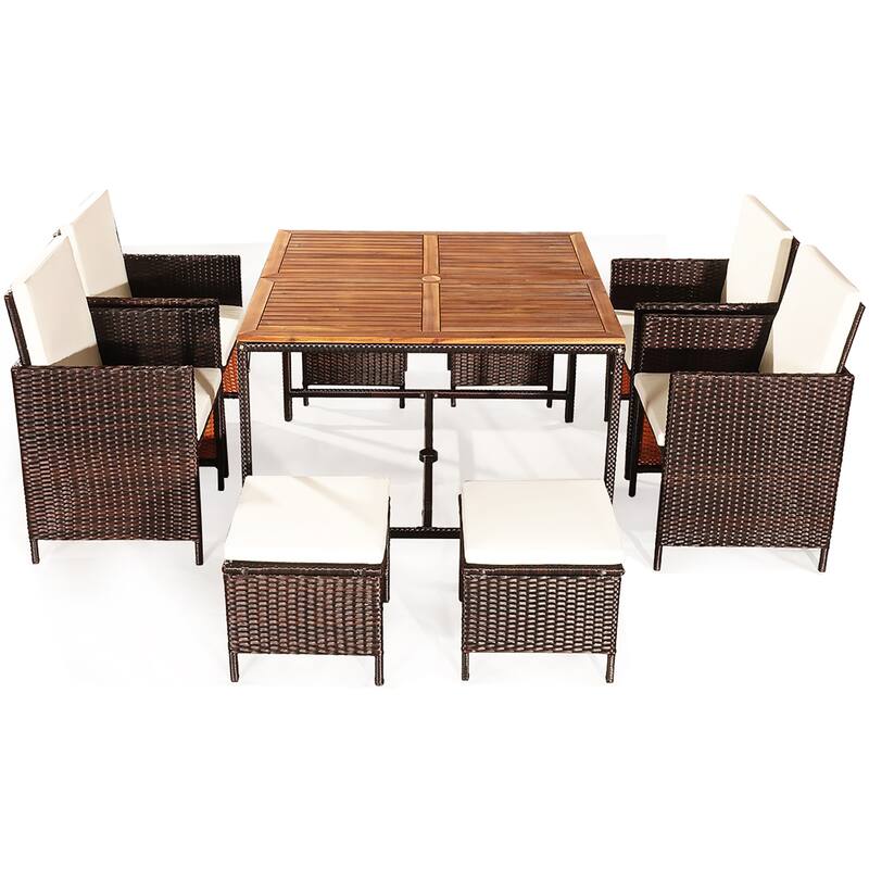 Costway 9PCS Patio Rattan Dining Set Cushioned Chairs Ottoman Wood - See Details