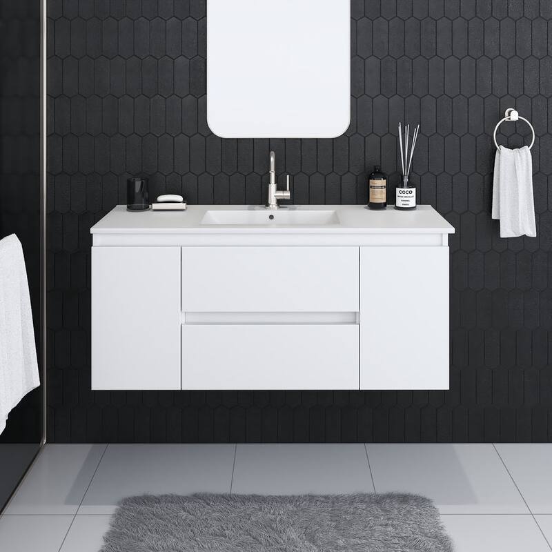 Volpa USA Salt 48-Inch Wall Mounted Floating Bathroom Vanity Set - White