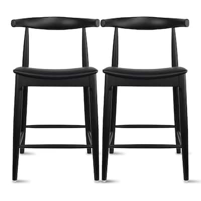Set of 2 Solid Wood 25" Counter Height Bar Stools Barstools With Back Kitchen Island PU Leather Cushion Dining Elbow Kitchen